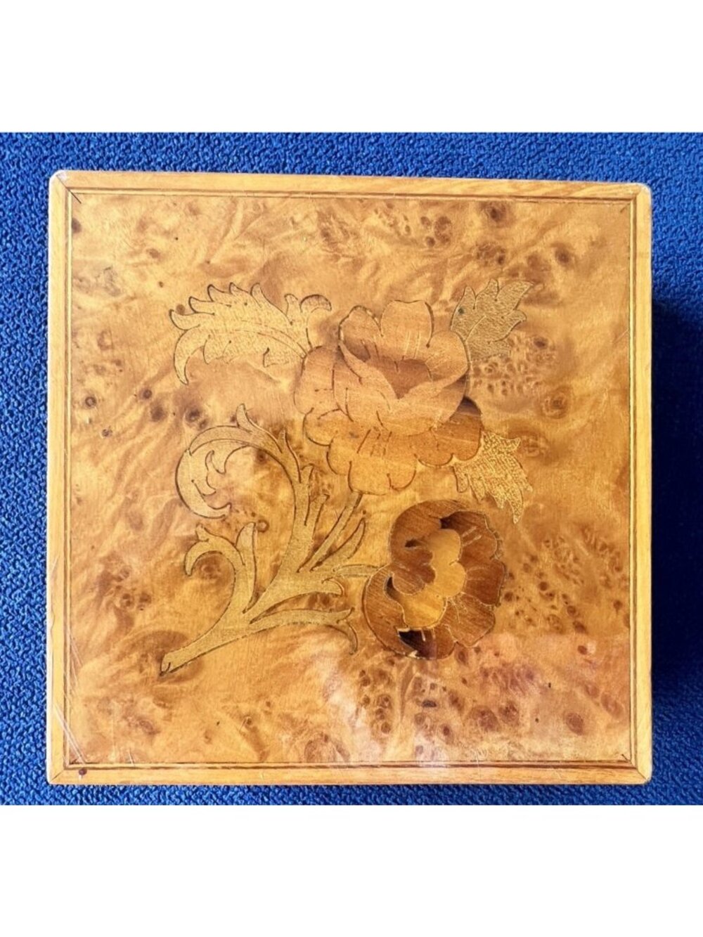 Burled Wood Floral Inlay Box 4” X 4” Hinged Italy Jewelry Trinket Holder Brown